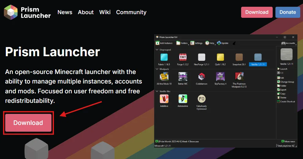 PrismLauncher 官網下載按鈕