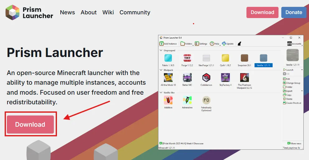 PrismLauncher 官網下載按鈕