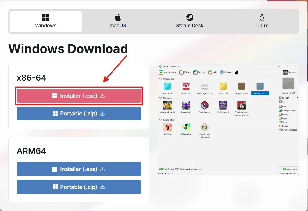 PrismLauncher exe 下載按鈕